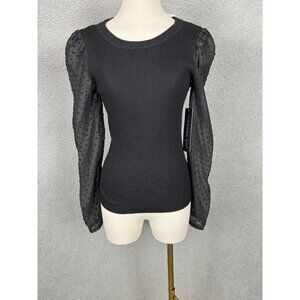 Madden Girl Juniors' Ribbed Sweater Sheer Dotted Mesh Sleeves Black Medium NWT's